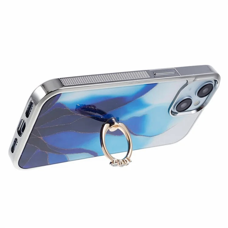 For iPhone 14 Case Kickstand PC+TPU Cover Electroplating IMD Marble Pattern Phone Case