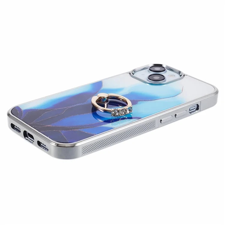 For iPhone 14 Case Kickstand PC+TPU Cover Electroplating IMD Marble Pattern Phone Case