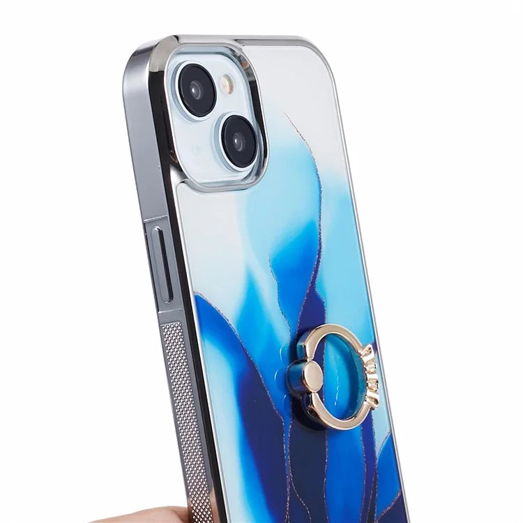 For iPhone 14 Case Kickstand PC+TPU Cover Electroplating IMD Marble Pattern Phone Case