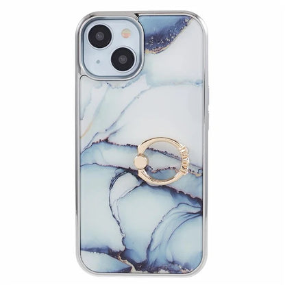 For iPhone 14 Case Kickstand PC+TPU Cover Electroplating IMD Marble Pattern Phone Case