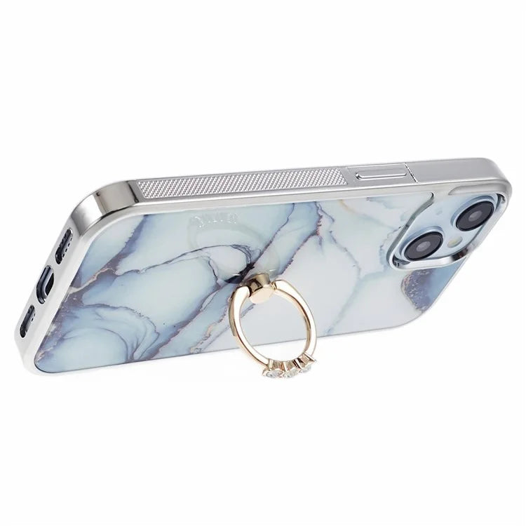 For iPhone 14 Case Kickstand PC+TPU Cover Electroplating IMD Marble Pattern Phone Case