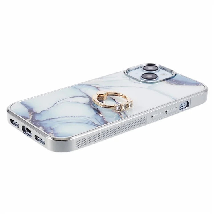 For iPhone 14 Case Kickstand PC+TPU Cover Electroplating IMD Marble Pattern Phone Case