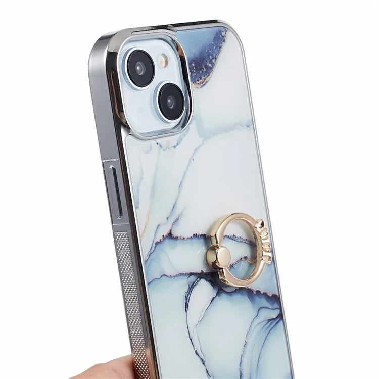 For iPhone 14 Case Kickstand PC+TPU Cover Electroplating IMD Marble Pattern Phone Case