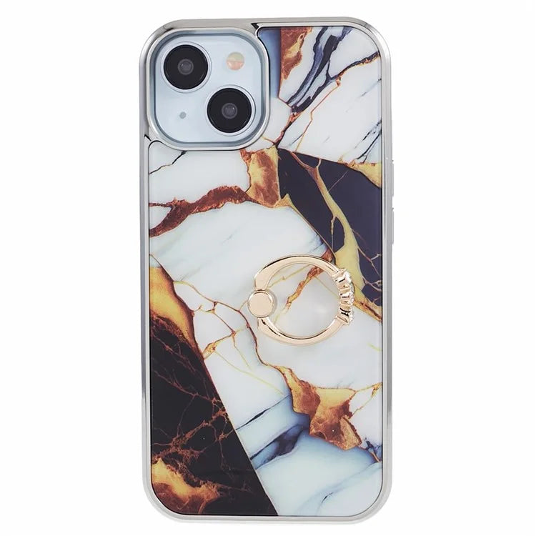 For iPhone 14 Case Kickstand PC+TPU Cover Electroplating IMD Marble Pattern Phone Case
