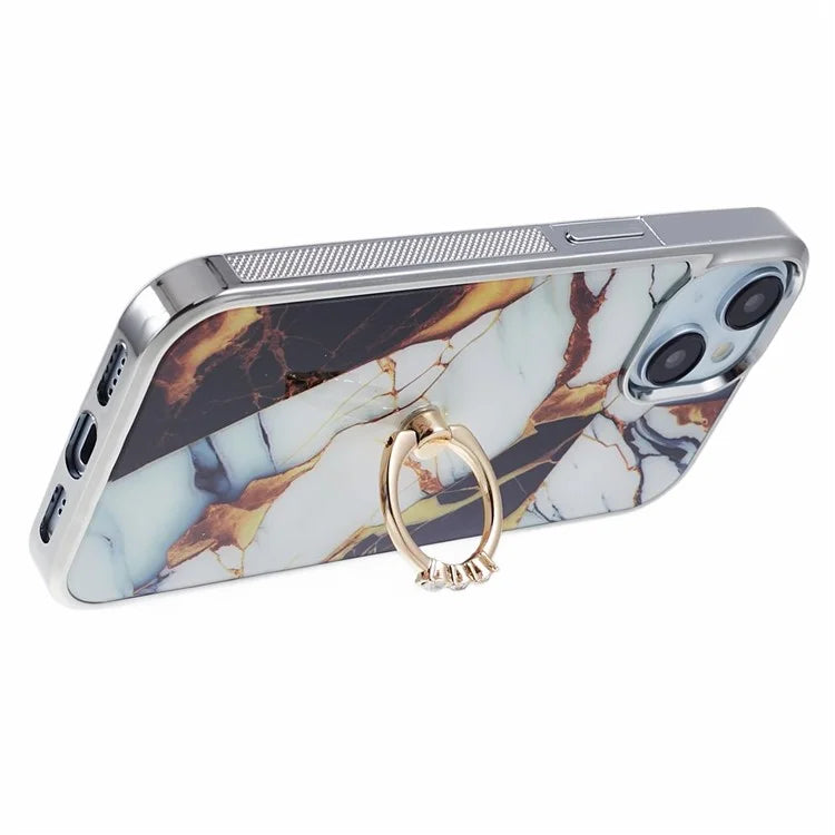 For iPhone 14 Case Kickstand PC+TPU Cover Electroplating IMD Marble Pattern Phone Case