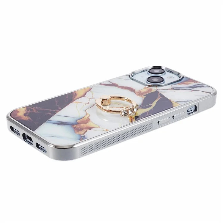 For iPhone 14 Case Kickstand PC+TPU Cover Electroplating IMD Marble Pattern Phone Case