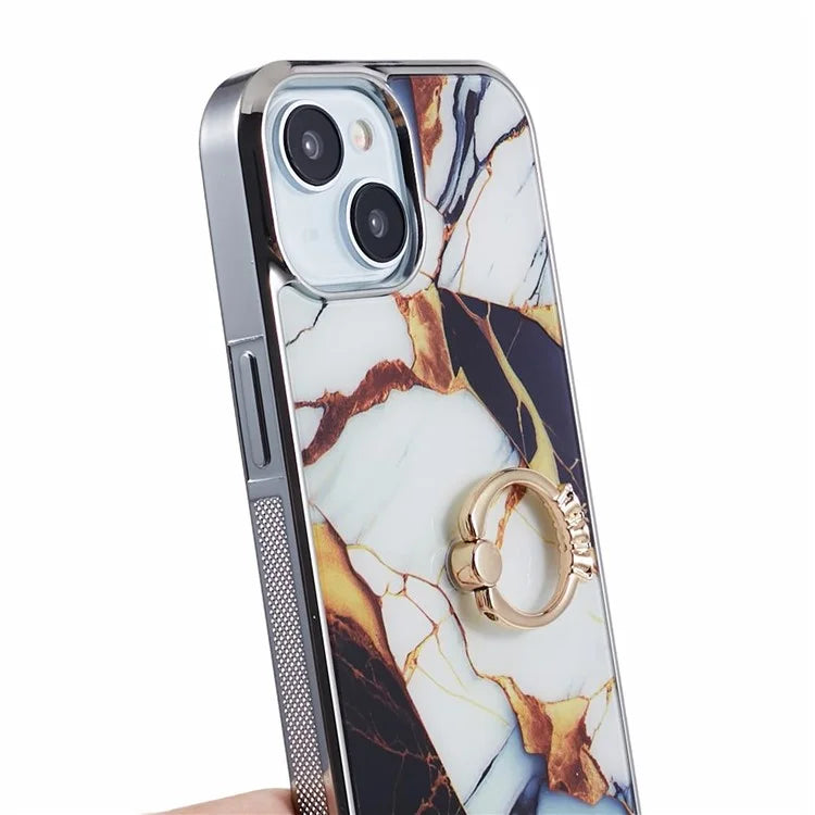 For iPhone 14 Case Kickstand PC+TPU Cover Electroplating IMD Marble Pattern Phone Case