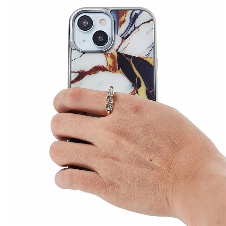 For iPhone 14 Case Kickstand PC+TPU Cover Electroplating IMD Marble Pattern Phone Case