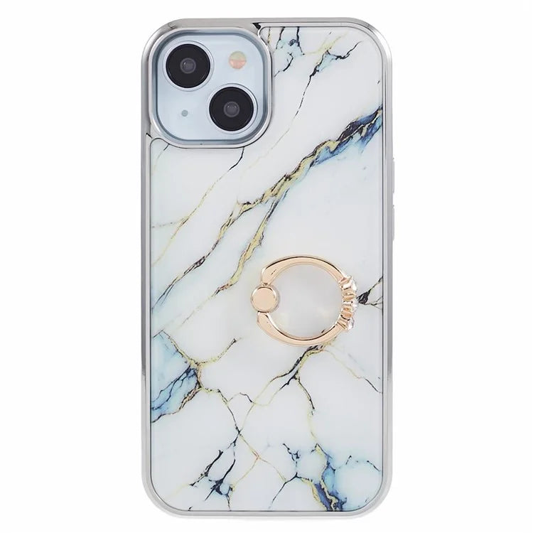 For iPhone 14 Case Kickstand PC+TPU Cover Electroplating IMD Marble Pattern Phone Case