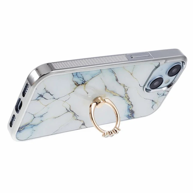 For iPhone 14 Case Kickstand PC+TPU Cover Electroplating IMD Marble Pattern Phone Case
