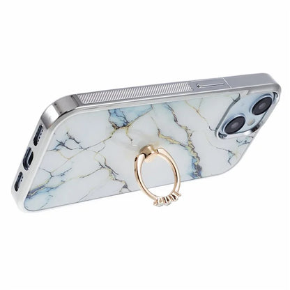 For iPhone 14 Case Kickstand PC+TPU Cover Electroplating IMD Marble Pattern Phone Case