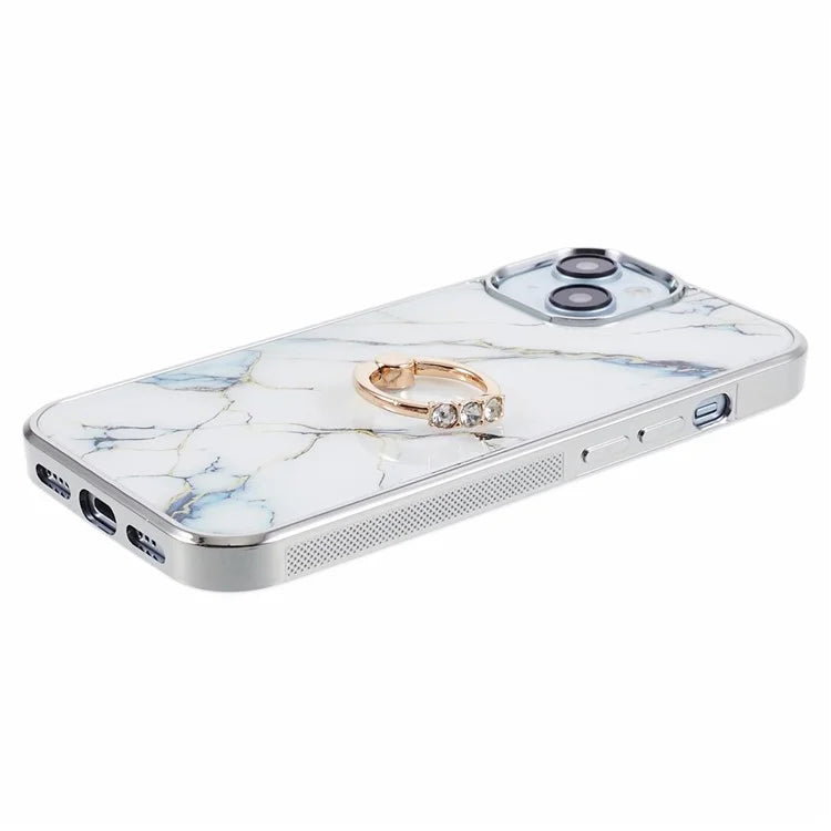 For iPhone 14 Case Kickstand PC+TPU Cover Electroplating IMD Marble Pattern Phone Case