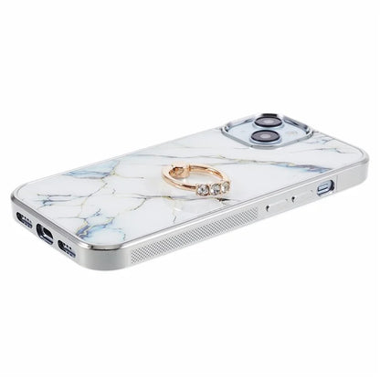 For iPhone 14 Case Kickstand PC+TPU Cover Electroplating IMD Marble Pattern Phone Case