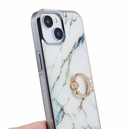 For iPhone 14 Case Kickstand PC+TPU Cover Electroplating IMD Marble Pattern Phone Case