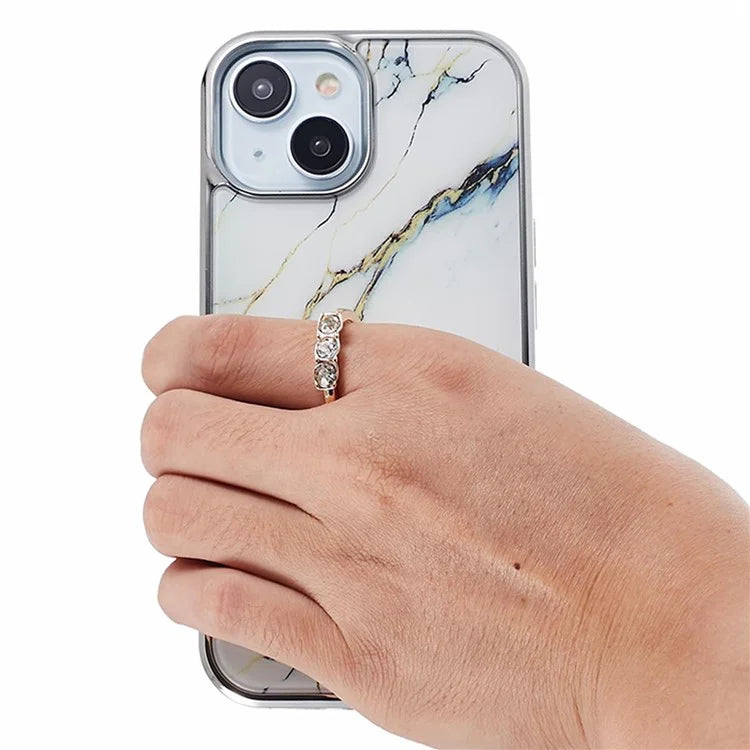 For iPhone 14 Case Kickstand PC+TPU Cover Electroplating IMD Marble Pattern Phone Case