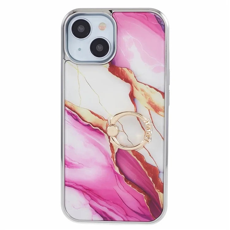 For iPhone 14 Case Kickstand PC+TPU Cover Electroplating IMD Marble Pattern Phone Case
