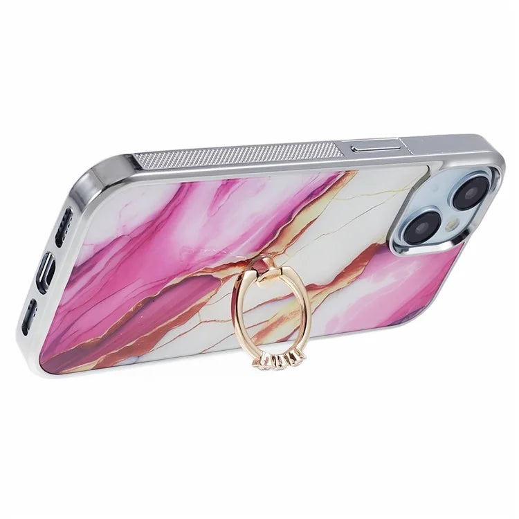 For iPhone 14 Case Kickstand PC+TPU Cover Electroplating IMD Marble Pattern Phone Case