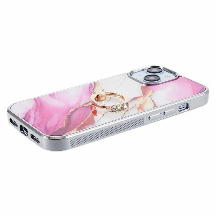 For iPhone 14 Case Kickstand PC+TPU Cover Electroplating IMD Marble Pattern Phone Case