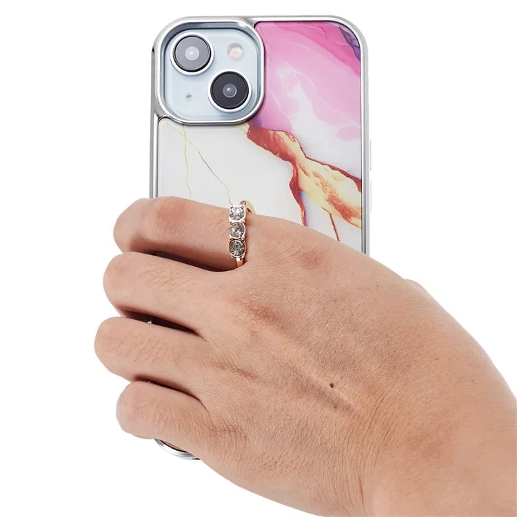 For iPhone 14 Case Kickstand PC+TPU Cover Electroplating IMD Marble Pattern Phone Case