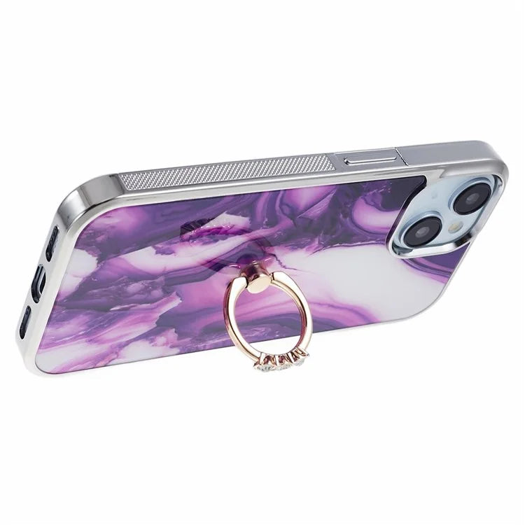 For iPhone 14 Case Kickstand PC+TPU Cover Electroplating IMD Marble Pattern Phone Case