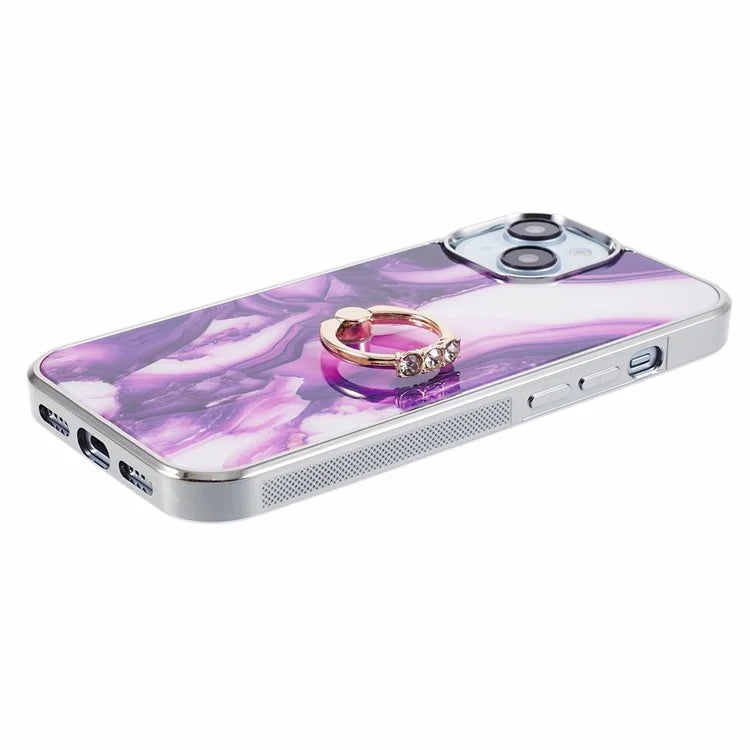 For iPhone 14 Case Kickstand PC+TPU Cover Electroplating IMD Marble Pattern Phone Case