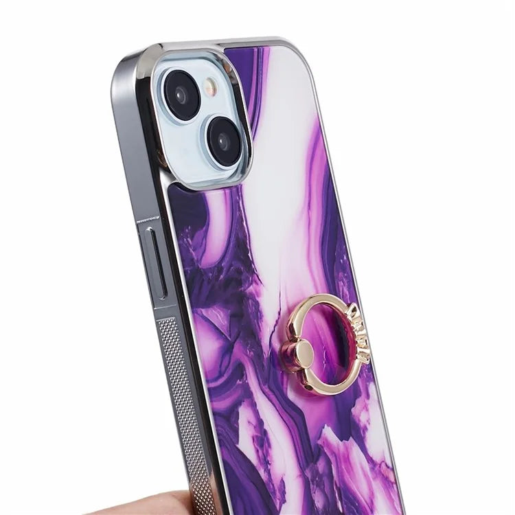 For iPhone 14 Case Kickstand PC+TPU Cover Electroplating IMD Marble Pattern Phone Case