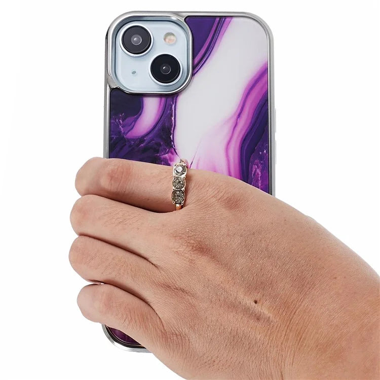 For iPhone 14 Case Kickstand PC+TPU Cover Electroplating IMD Marble Pattern Phone Case