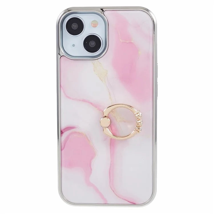 For iPhone 14 Case Kickstand PC+TPU Cover Electroplating IMD Marble Pattern Phone Case
