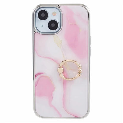 For iPhone 14 Case Kickstand PC+TPU Cover Electroplating IMD Marble Pattern Phone Case