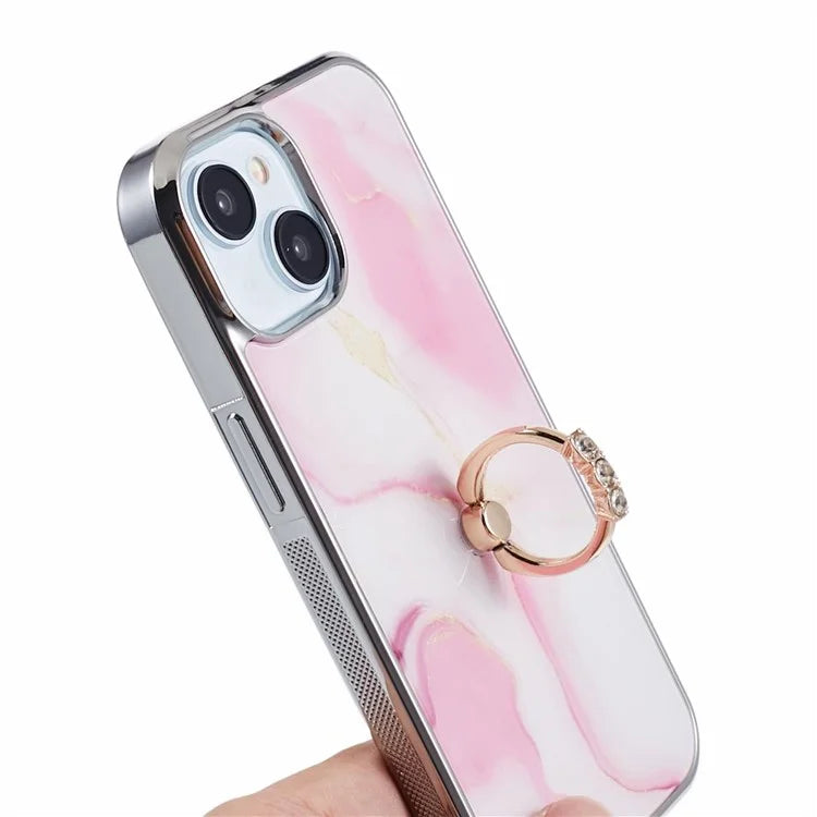 For iPhone 14 Case Kickstand PC+TPU Cover Electroplating IMD Marble Pattern Phone Case