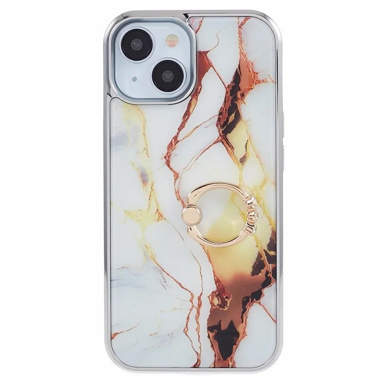 For iPhone 14 Case Kickstand PC+TPU Cover Electroplating IMD Marble Pattern Phone Case