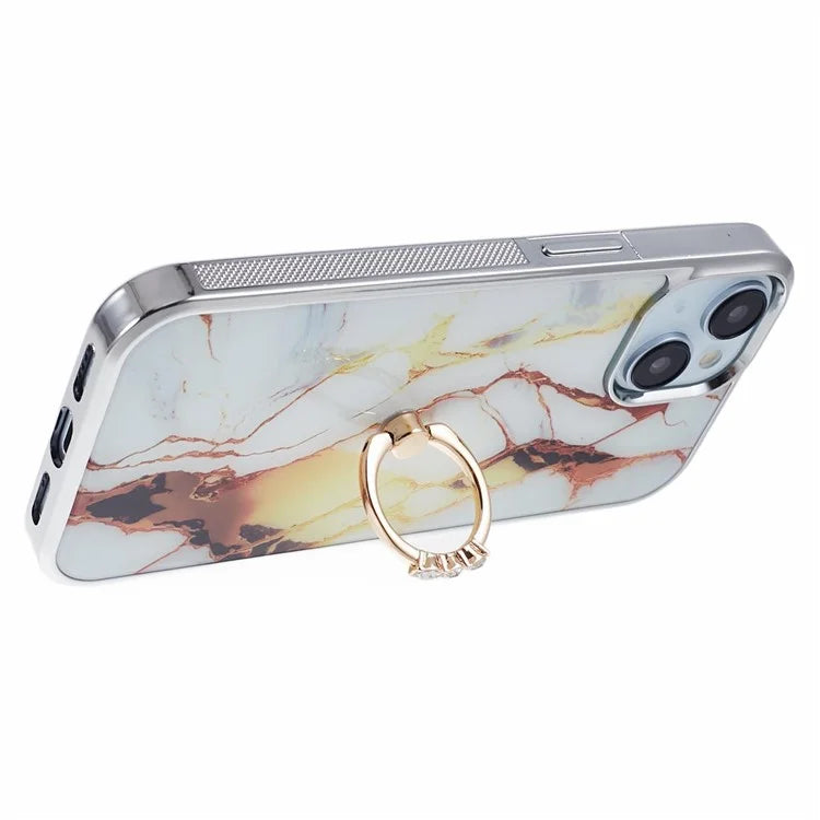 For iPhone 14 Case Kickstand PC+TPU Cover Electroplating IMD Marble Pattern Phone Case