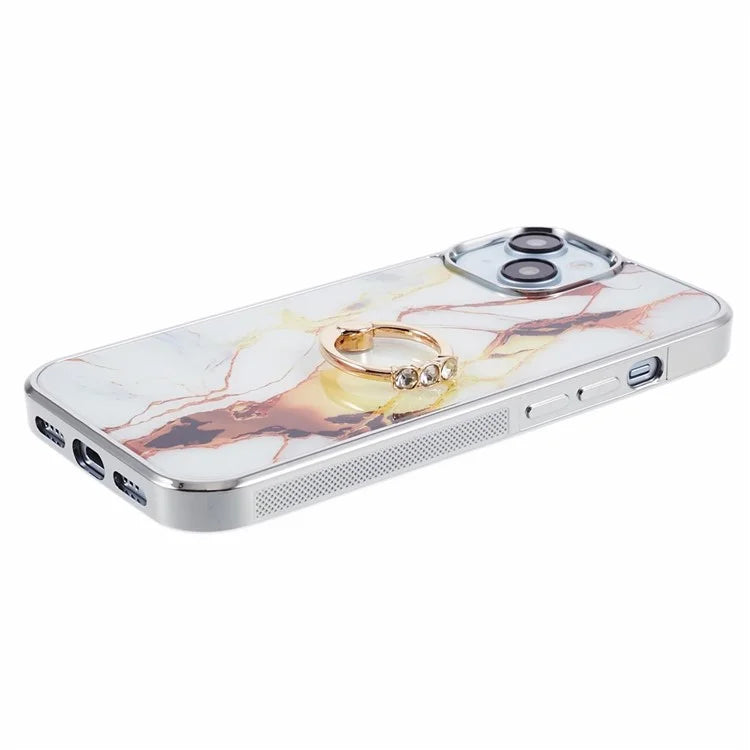 For iPhone 14 Case Kickstand PC+TPU Cover Electroplating IMD Marble Pattern Phone Case