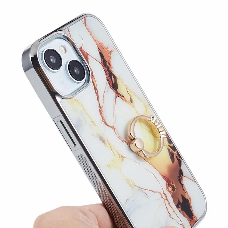 For iPhone 14 Case Kickstand PC+TPU Cover Electroplating IMD Marble Pattern Phone Case