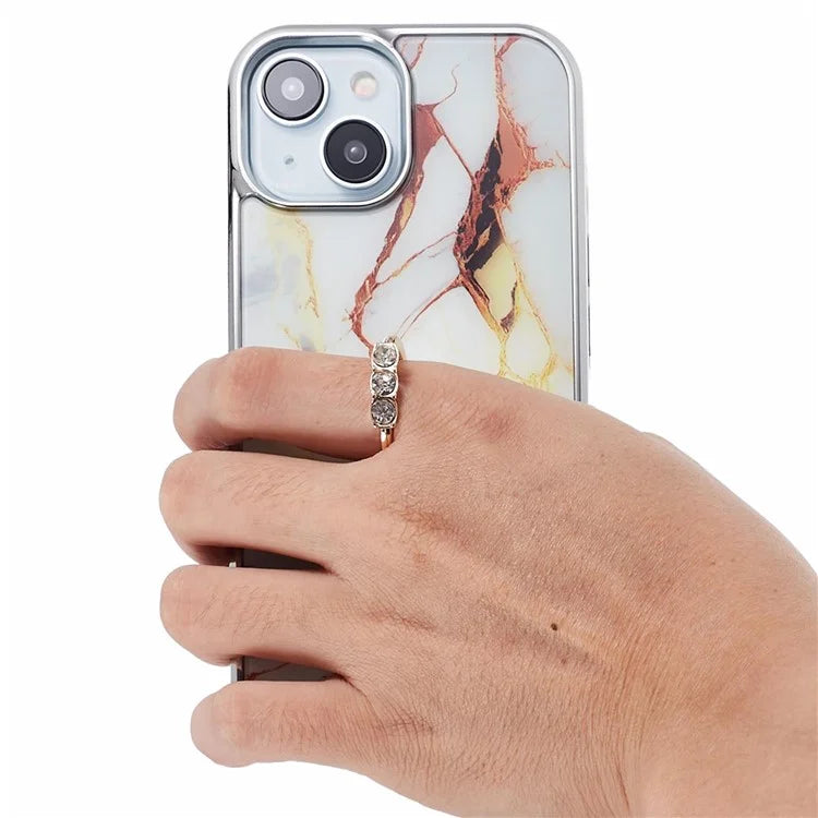 For iPhone 14 Case Kickstand PC+TPU Cover Electroplating IMD Marble Pattern Phone Case