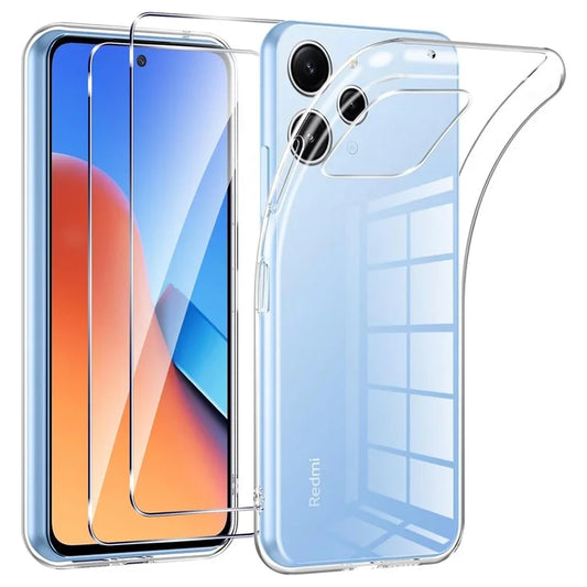 For Xiaomi Redmi 12 4G Clear Case TPU Phone Cover + 2PCS 2.5D Arc Tempered Glass Film