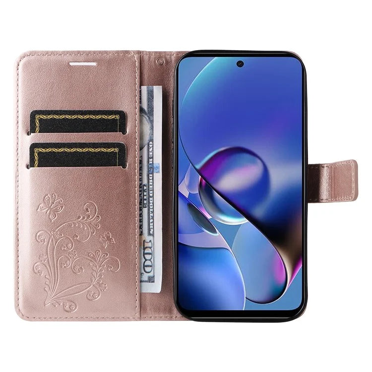 KT Imprinting Flower Series-2 For Motorola Moto G54 5G Case Leather Wallet Stand Imprinted Butterfly Phone Cover