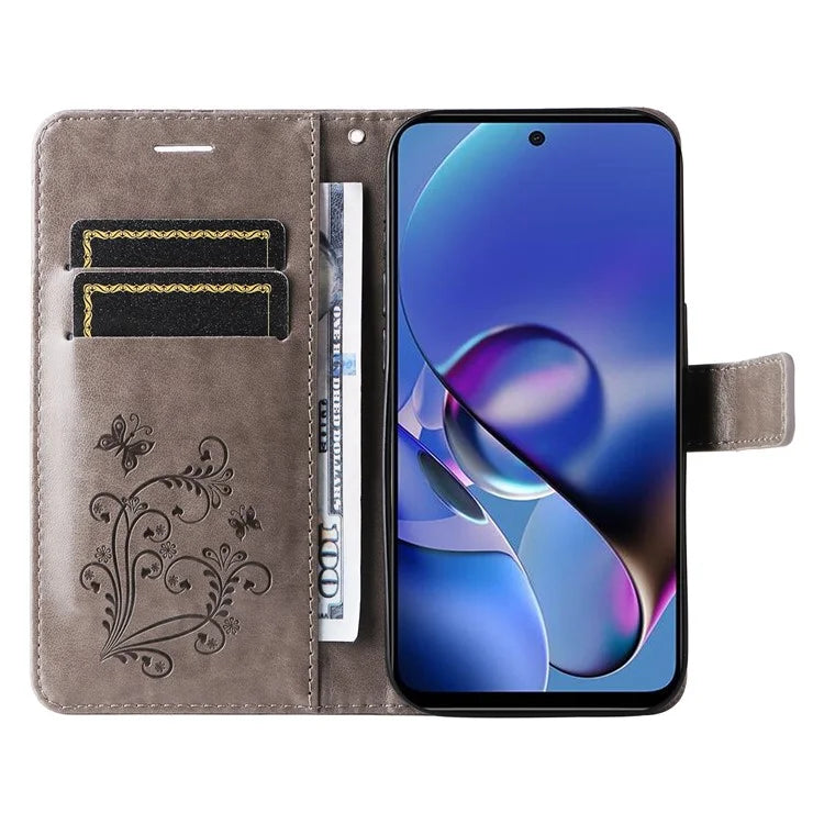 KT Imprinting Flower Series-2 For Motorola Moto G54 5G Case Leather Wallet Stand Imprinted Butterfly Phone Cover