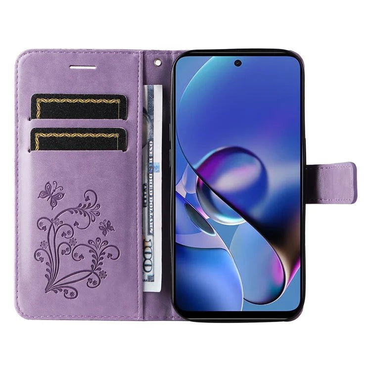 KT Imprinting Flower Series-2 For Motorola Moto G54 5G Case Leather Wallet Stand Imprinted Butterfly Phone Cover