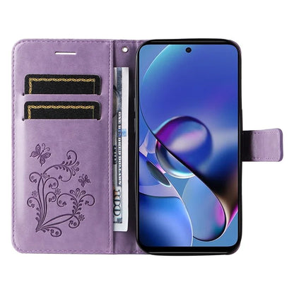 KT Imprinting Flower Series-2 For Motorola Moto G54 5G Case Leather Wallet Stand Imprinted Butterfly Phone Cover