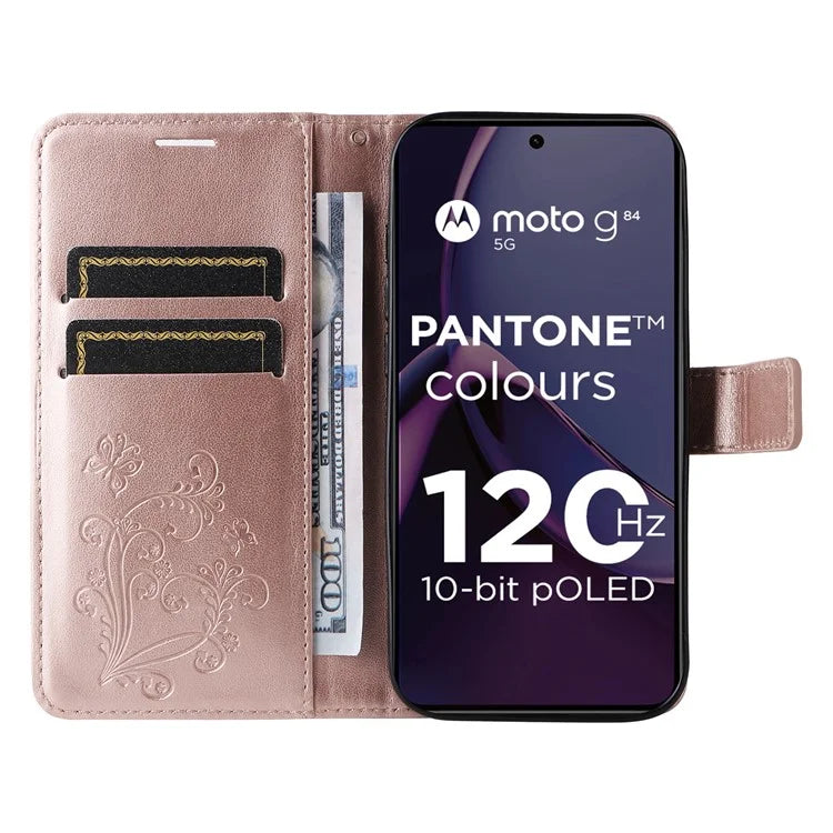 KT Imprinting Flower Series-2 For Motorola Moto G84 5G Case PU Leather Wallet Stand Butterfly Imprint Cell Phone Cover