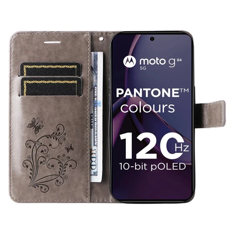 KT Imprinting Flower Series-2 For Motorola Moto G84 5G Case PU Leather Wallet Stand Butterfly Imprint Cell Phone Cover