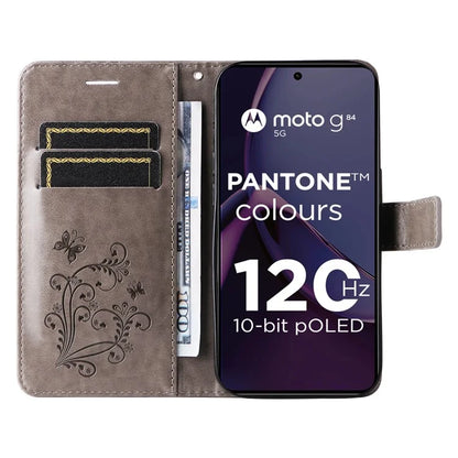 KT Imprinting Flower Series-2 For Motorola Moto G84 5G Case PU Leather Wallet Stand Butterfly Imprint Cell Phone Cover