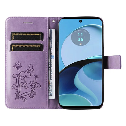 KT Imprinting Flower Series-2 For Motorola Moto G14 4G Case PU Leather Wallet Stand Butterfly Imprint Phone Cover
