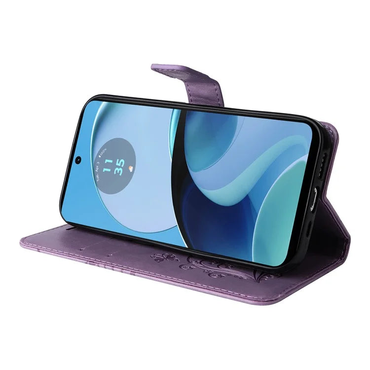 KT Imprinting Flower Series-2 For Motorola Moto G14 4G Case PU Leather Wallet Stand Butterfly Imprint Phone Cover