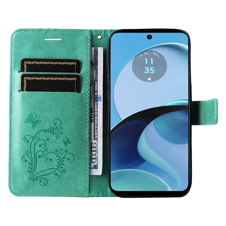 KT Imprinting Flower Series-2 For Motorola Moto G14 4G Case PU Leather Wallet Stand Butterfly Imprint Phone Cover