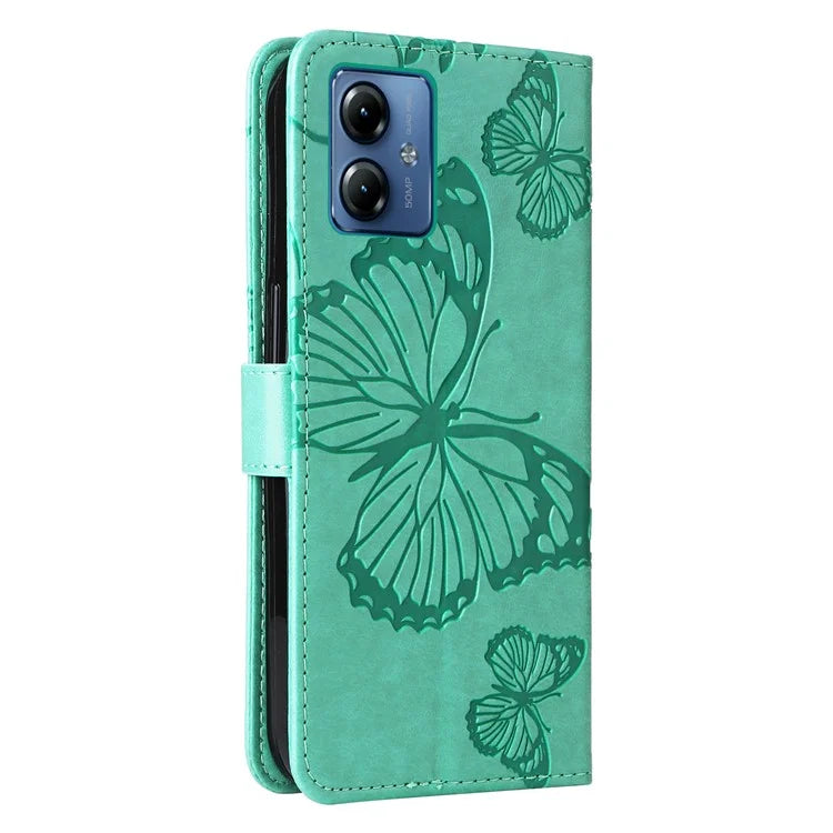 KT Imprinting Flower Series-2 For Motorola Moto G14 4G Case PU Leather Wallet Stand Butterfly Imprint Phone Cover