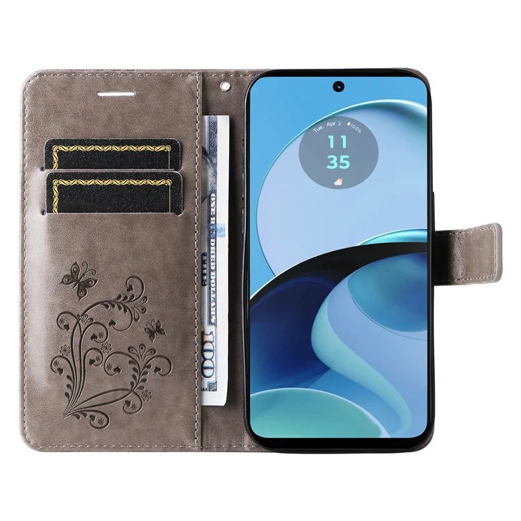 KT Imprinting Flower Series-2 For Motorola Moto G14 4G Case PU Leather Wallet Stand Butterfly Imprint Phone Cover
