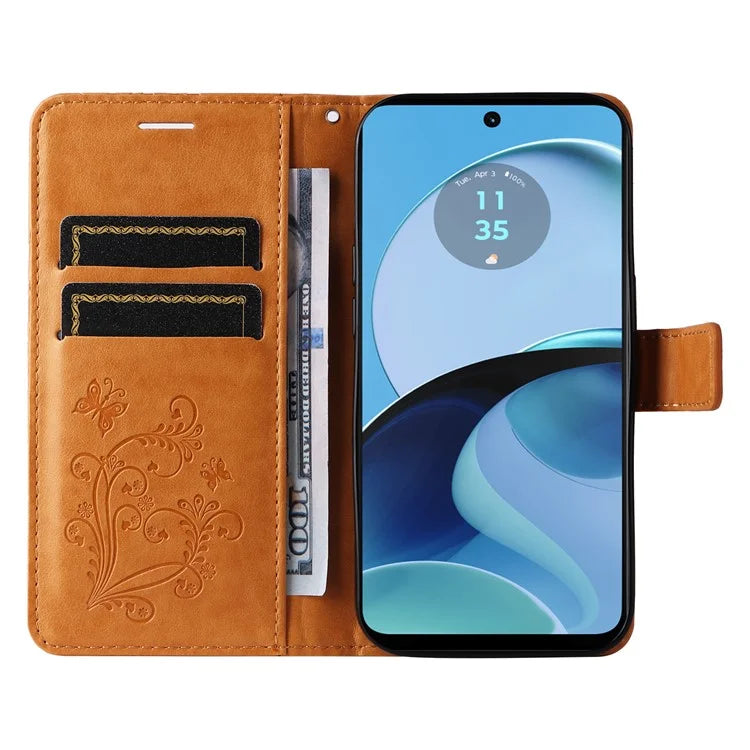 KT Imprinting Flower Series-2 For Motorola Moto G14 4G Case PU Leather Wallet Stand Butterfly Imprint Phone Cover