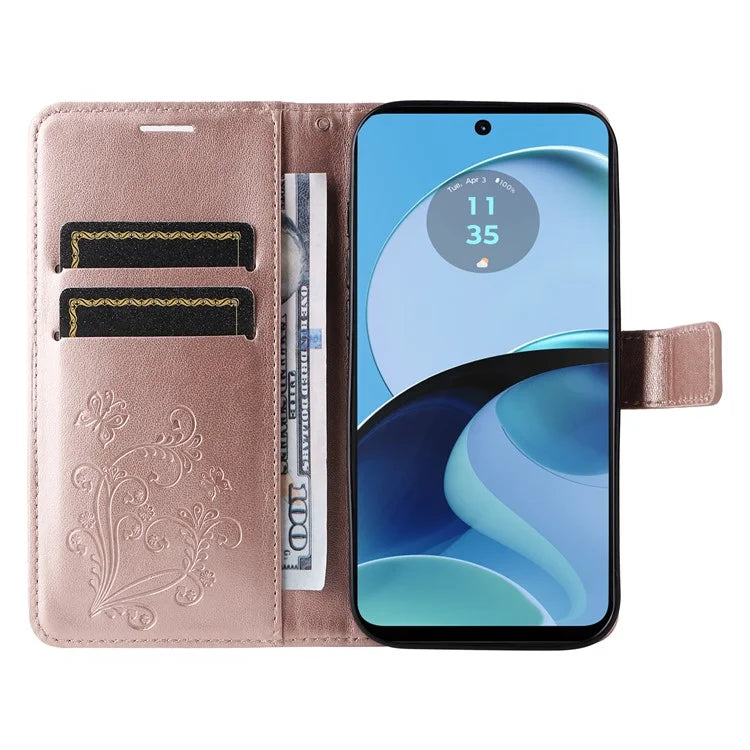 KT Imprinting Flower Series-2 For Motorola Moto G14 4G Case PU Leather Wallet Stand Butterfly Imprint Phone Cover
